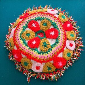 Vintage 70s Handmade Round Crochet Pillow Flower Power Fringe Floral 17 Inches